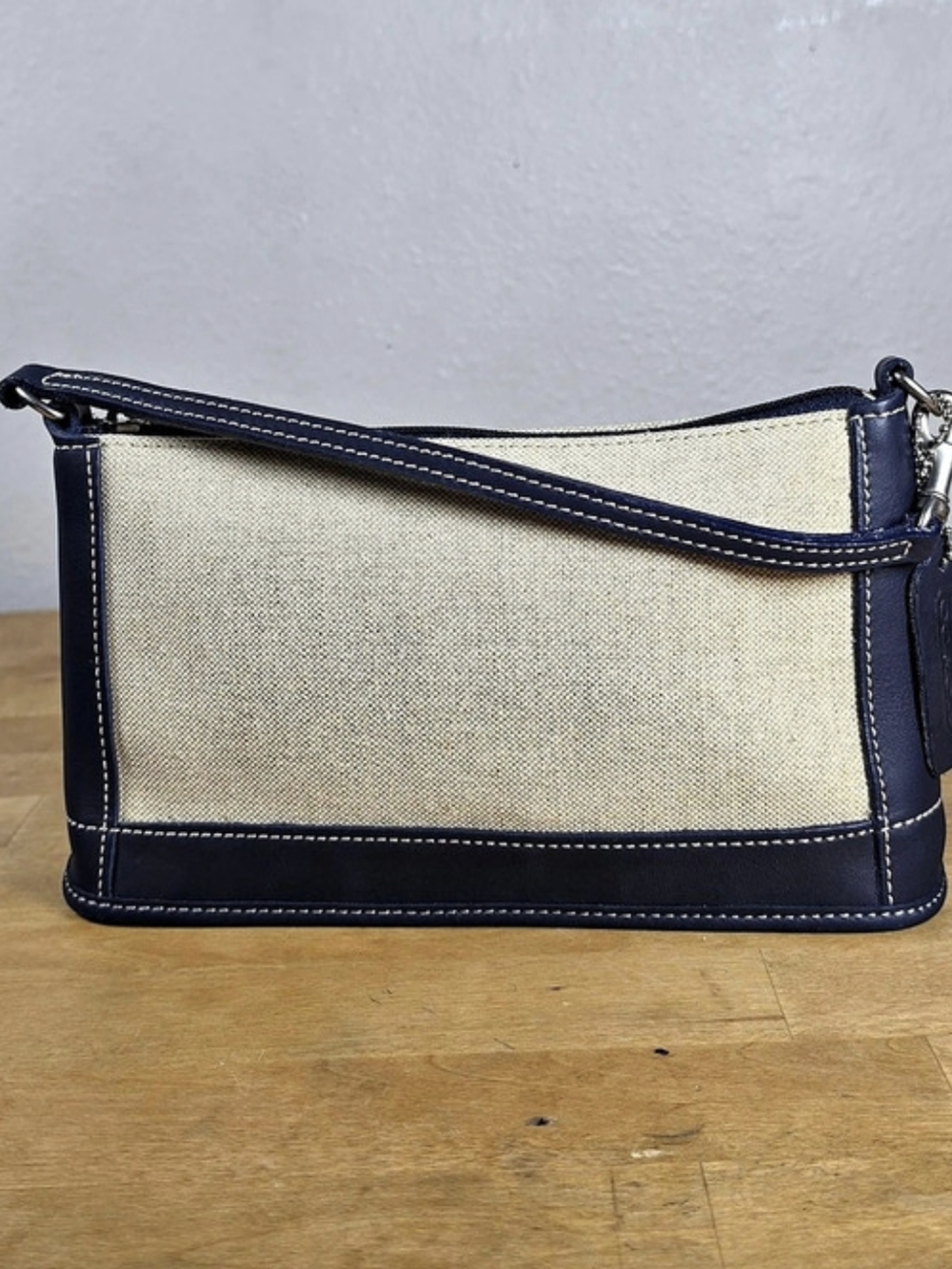 Vintage Coach 6115 Bleecker Demi Navy Leather Ivory Canvas Shoulder Bag USA
